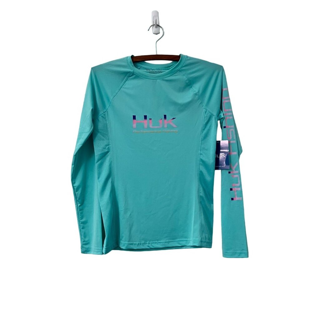 Huk Womens Blue Logo Script Pursuit Long Sleeve Performance Shirt Top XS NEW